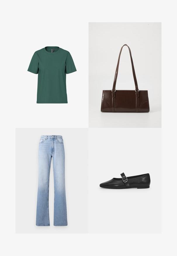 Kurzärmliges T-Shirt aus dunkelgrünem Baumwollstoff mit Rundhalsausschnitt. Schlichtes, ungeschmücktes Design und lockere Passform. Weiche Textur, keine Muster.; Hellblaue Jeans mit Schlag und hoher Taille, ausgestattet mit einem klassischen Fünf-Taschen-Design, dezenten Ausbleichungen und einem Reißverschluss mit Knopfverschluss.; Schwarzer Lederflatschuh mit runder Zehenform, einem verstellbaren Schnallenriemen und einer glatten, glänzenden Oberfläche. Minimalistisches Design mit einem niedrigen Absatz.; Braune Lackleder-Handtasche in rechteckiger Form, mit zwei langen Griffen und subtilen, geschwungenen Akzenten auf der Vorderseite.