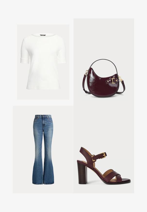 Haut ajusté blanc avec un col bateau, des manches courtes à revers et un tissu lisse et doux. Design simple sans motifs ni embellissements.; Jean en denim bleu taille haute avec jambes évasées et légère décoloration sur la partie avant des cuisses, présenté sur fond blanc.; Sandale à talons hauts en cuir bordeaux avec une sangle à boucle et des bandes croisées à l'avant. Dotée d'un talon bloc texturé marron.; Sac en cuir verni bordeaux avec une forme courbée, accents en métal doré et une courte bandoulière. Détail de boucle décorative sur le côté.