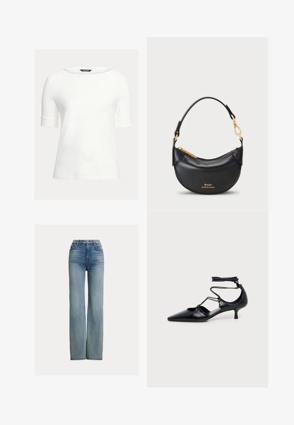 Hvid tætsiddende top med bådudskæring, korte opsmøgede ærmer og et glat, blødt stof. Simpelt design uden mønstre eller udsmykninger.; Højtaljede, lige ben blå jeans med forlommer, bæltestropper og knaplukning, der har subtile slidte detaljer.; Sort spids kitten heel sko med ankelstropper og udskæringsdetaljer på siderne, vist på en ensfarvet lys baggrund.; Sort læderhåndtaske med en buet silhuet, metallynlås og et kort håndtag. Er udstyret med guldfarvet hardware og prægede detaljer med logoet foran.