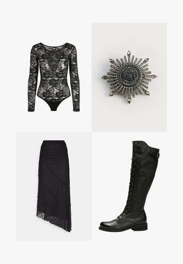 Sort blonde body med lange ærmer med blomsterprint, rund halsudskæring og tætsiddende silhuet designet af Urban Classics.; ONLY ONLKIM SLIT - Maxinederdele - black; Sorte læder knæhøje støvler med snørebånd foran, sølvøjer og sidebælte. Har en tekstureret overflade og stablet hæl.; Stjerneformet brosche i sølvfarvet metal med klare rhinsten. Det centrale design har et rundt emblem med indviklede detaljer.