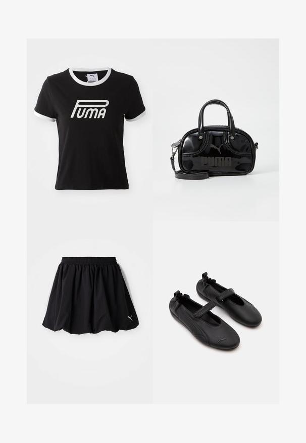 T-shirt en coton noir avec un bord blanc au col et aux manches. Présente un grand logo Puma blanc à l'avant. Design à coupe classique.; Jupe de sport noire avec une taille élastique, ornée de panneaux blancs sur les côtés et d'un petit logo au bas. Fabriquée en tissu léger.; Paire de chaussures en cuir noir style Mary Jane avec arrière élastiqué et bride velcro, avec un logo Puma discret sur chaque orteil.; Sac à main en cuir verni noir avec des poignées supérieures doubles, une bandoulière amovible, une forme arrondie et un logo "PUMA" en relief bien visible.