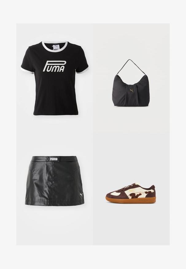 T-shirt en coton noir avec un bord blanc au col et aux manches. Présente un grand logo Puma blanc à l'avant. Design à coupe classique.; Jupe en faux cuir noir avec une texture lisse, arborant un logo PUMA à la taille et un petit logo sur l'ourlet.; Baskets Puma Palermo marron et crème avec semelle en caoutchouc et détail imprimé animalier sur le côté, vues de profil sur fond neutre.; Sac bandoulière noir texturé avec plis, une seule poignée, et un petit logo Puma doré centré sur le devant.