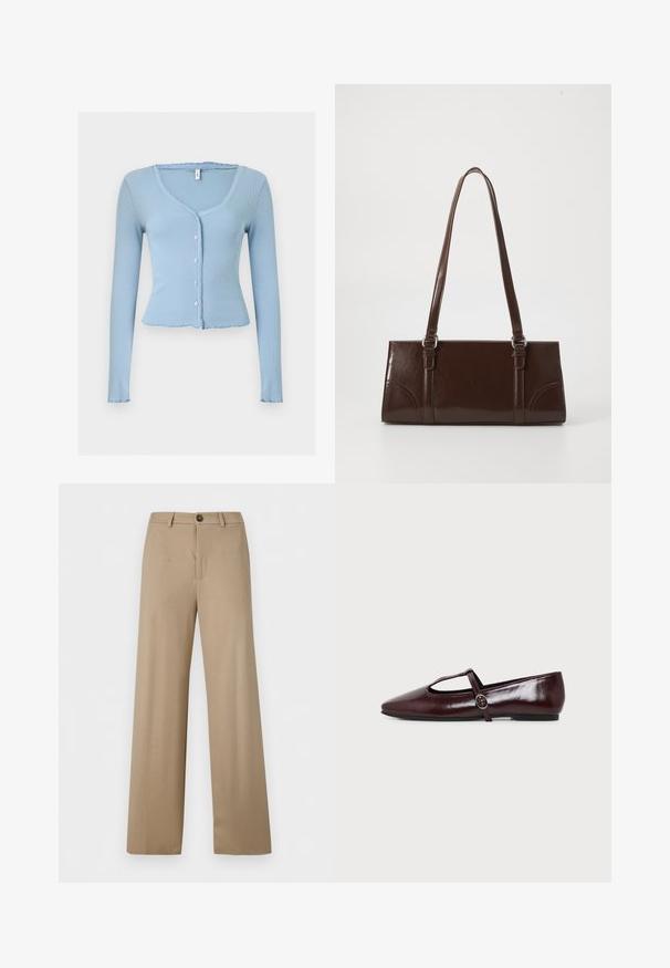 Cardigan à manches longues côtelé bleu clair avec petits boutons blancs, col en V et bords légèrement froncés sur le col, les poignets et l’ourlet.; Pantalon beige taille haute, jambes larges, avec passants de ceinture et fermeture par un bouton unique à la taille.; Chaussure plate en cuir bordeaux foncé avec un bout pointu et une fine bride en T avec une boucle argentée sur fond blanc.; Sac à main en cuir verni marron de forme rectangulaire, avec deux longues poignées et des accents courbés subtils à l'avant.