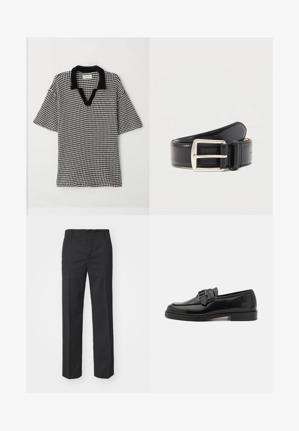 Mustvalge polo särk, millel on ruuduline muster, V-kaelus ja kontrastne must krae. Lühikesed, laiad varrukad tagavad mugava istuvuse.; Filippa K TROY TROUSERS - Püksid - black; Mustad mustad nahast kingad, millel on ümmargune varvas ja dekoratiivne pandla aktsent. Lame, ühtlane konts ja sile pind üle kogu kinga.; Mustast nahast rihm, mis on rullitud hõbedase ristküliku kujulise metallist pandlaga ja mille servadel on nähtavad õmblused.