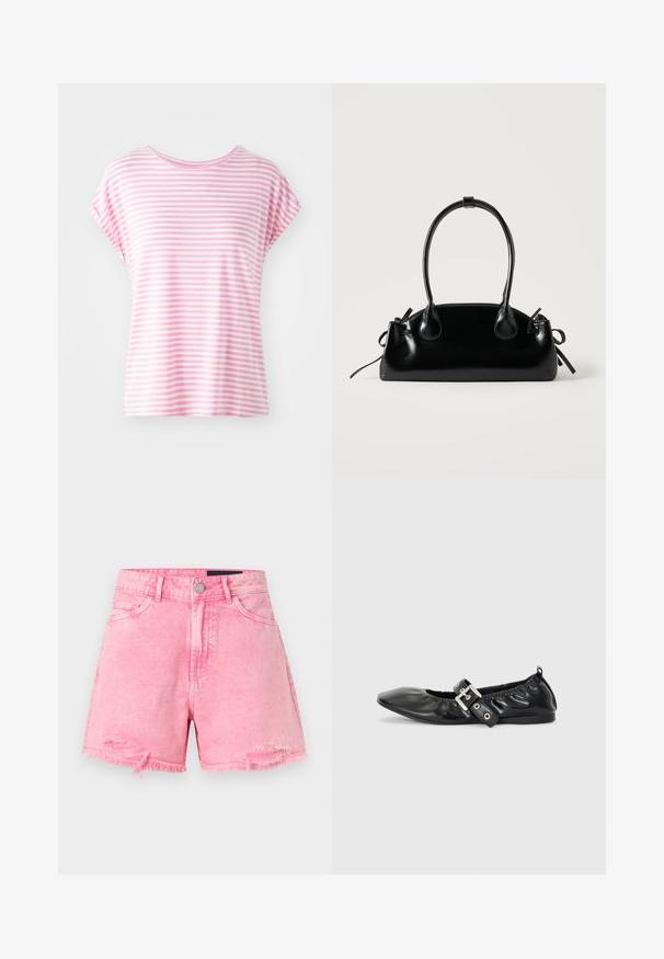 Hellrosa gestreiftes T-Shirt mit kurzenÄrmeln und rundem Ausschnitt. Weicher Stoff, lockere Passform, mit gleichmäßigen horizontalen Streifen in unterschiedlichen Breiten.; Hoch taillierte rosa Denim-Shorts mit ausgefransten Säumen, Frontknopf- und Reißverschluss sowie leicht verwaschenen Details in der Nähe der Taschen.; Schwarze Leder-Ballerinas mit spitzem Zehenbereich, gerafften Details am Schaft und einem silbernen Schnallenakzent am verstellbaren Riemen.; Kleine schwarze glänzende Handtasche mit zwei langen Griffen und seitlichen Kordelzug-Details vor einfachem hellem Hintergrund.