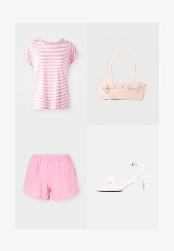 Camiseta de manga corta rayada en rosa claro con cuello redondo. Tela suave, corte relajado, con rayas horizontales uniformes de diferentes anchos.; Pantalones cortos de algodón rosa claro con cintura elástica y corte holgado, mostrados sobre un fondo claro y liso.; Sandalia blanca con tiras, tacón bajo tipo kitten, correa con hebilla en el tobillo y una flor decorativa en la tira delantera.; Bolso rectangular de color rosa pálido con doble asa, lazo decorativo, ojales metálicos y un pequeño colgante en forma de corazón sobre un fondo liso.