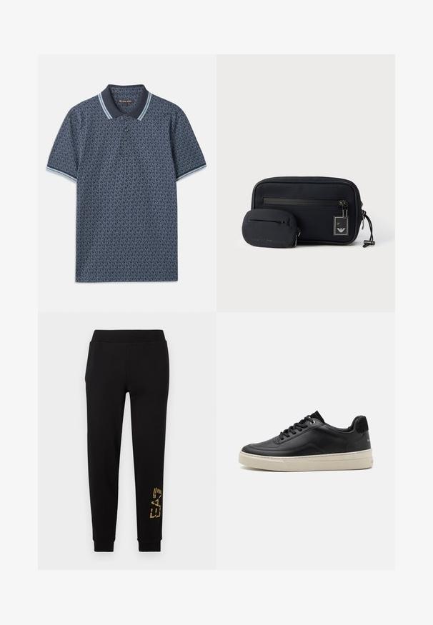 Camisa polo de color azul marino con un patrón geométrico. Presenta un cuello acanalado con acentos en azul claro y una tapeta de tres botones. Fabricada en una tela suave.; Pantalones deportivos negros de corte relajado, con un diseño gráfico dorado en la parte inferior de la pierna y una cintura elástica para mayor comodidad.; Zapatilla de cuero negra con un perfil bajo, que presenta una suela de goma color crema, punta redonda y diseño de cordones, acentuada con un talón de ante negro.; Dos bolsas de tela negras con cremallera, una rectangular con un bolsillo con cremallera frontal y una etiqueta con el logotipo, y la otra pequeña y de forma ovalada con marca en relieve.