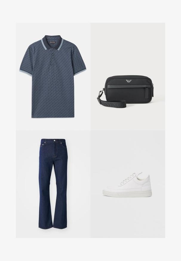 Marineblaue Polohemd mit geometrischem Muster. Verfügt über einen gerippten Kragen mit hellblauen Akzenten und einer Knopfleiste mit drei Knöpfen. Hergestellt aus weichem Stoff.; Dunkelblaue Jeans mit ausgestelltem Schnitt aus Denim. Verfügt über fünf Taschen, einen Reißverschluss vorne und einen Metallknopfverschluss. Klassische Nähte setzen Akzente.; Weißer Ledersneaker mit abgerundetem Zehenbereich, flacher Sohle und Schnürverschluss. Verfügt über Nahtdetails und einen gepolsterten Kragen für zusätzlichen Komfort.; Schwarze rechteckige Armbanduhr-Tasche mit vorderer Reißverschlusstasche, silbernem Logo-Emblem und abnehmbarem Riemen mit gebrandetem Text.