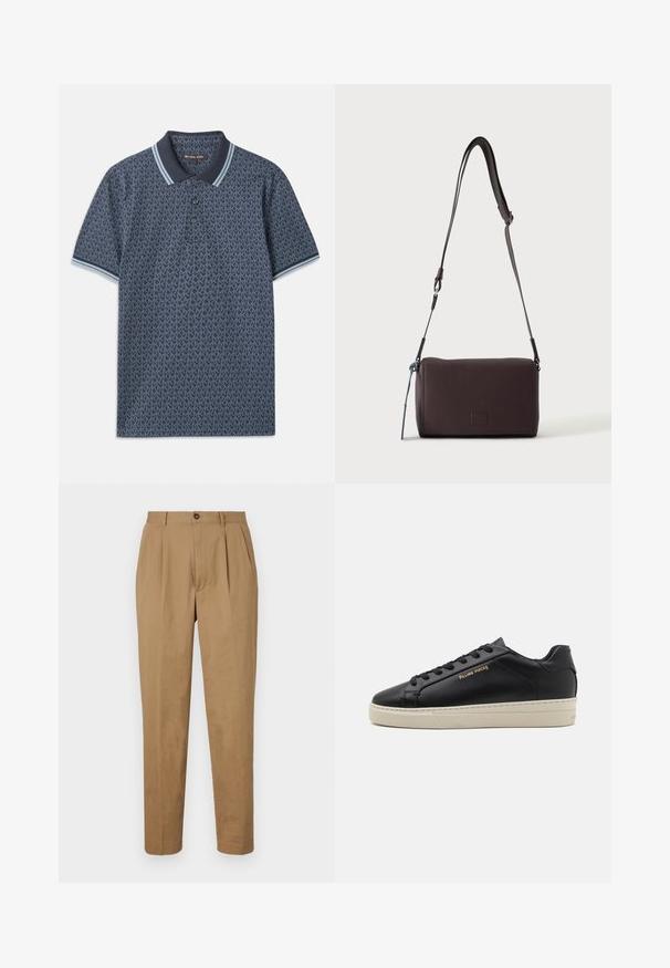 Marineblaue Polohemd mit geometrischem Muster. Verfügt über einen gerippten Kragen mit hellblauen Akzenten und einer Knopfleiste mit drei Knöpfen. Hergestellt aus weichem Stoff.; Sandfarbene, plissierte Hose mit geradem Schnitt, aus einem glatten Stoff hergestellt. Verfügt über einen vorne liegenden Knopfverschluss und Seitentaschen.; Schwarze Leder-Sneaker mit glatter Oberfläche, kontrastierender cremefarbener Sohle, abgerundeter Spitze, goldfarbenem Logo an der Seite und sechs Ösen für die Schnürsenkel.; Dunkelbraune, strukturierte Leder-Crossbody-Tasche mit verstellbarem Riemen und kleinem dekorativen blauen Akzent an der Seite.