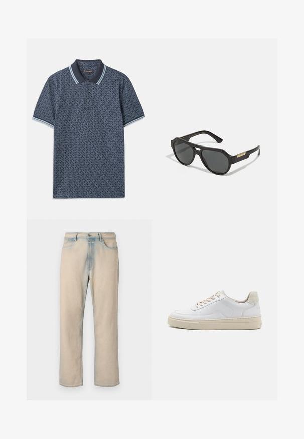 Mørkeblå polo t-shirt med et geometrisk mønster. Har en ribbet krave med lyseblå accenter og tre-knaps placket. Lavet af blødt stof.; Lyse beige denim jeans med lige ben design, falmede blå detaljer, fem lommer og en knaplukning i taljen.; Hvide sneakers med en glat læderoverdel, beige snørebånd og en tekstureret beige ruskindsheel-tab. Hævet sål for ekstra højde.; Sorte solbriller med en geometrisk stel, tonede linser og guld accenter på stængerne. Glat plastmateriale med en mat overflade.