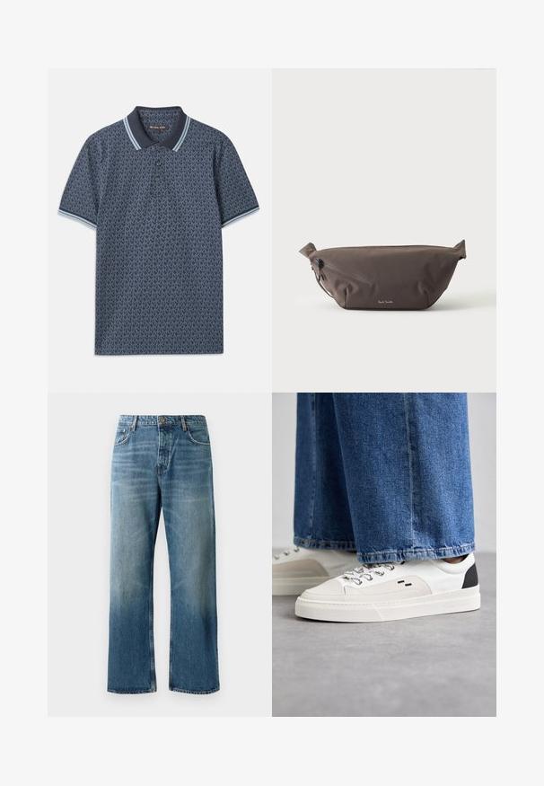 Donkerblauwe polo met een geometrisch patroon. Voorzien van een ribgebreide kraag met lichtblauwe accenten en een knoopsluiting met drie knopen. Gemaakt van zachte stof.; Lichtblauwe wijde jeans met een vervaagde wassing, voorzien van een enkele knoopsluiting, vijf zakken en contrasterende stiksels.; Witte en zwarte sneakers met een glad leren bovenwerk, textuuraccenten en een chunky witte zool. Heeft een klassiek vetersluiting ontwerp.; Donkerbruine stoffen heuptas met diagonale ritssluiting en klein wit logo aan de voorkant, tegen een effen lichte achtergrond.