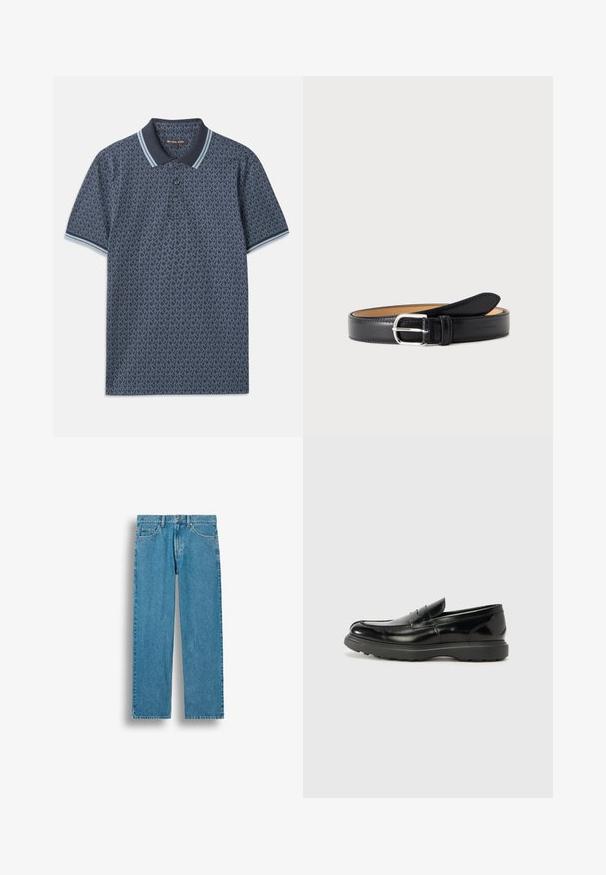 Donkerblauwe polo met een geometrisch patroon. Voorzien van een ribgebreide kraag met lichtblauwe accenten en een knoopsluiting met drie knopen. Gemaakt van zachte stof.; Blauwe rechtvallende denim jeans met voorzakken, riemlussen en een knoopsluiting, afgebeeld tegen een witte achtergrond.; Zwarte leren instapper met een glanzende afwerking, een ronde neus, subtiele stiksels en een dikke rubberen zool voor duurzaamheid.; Zwarte leren riem met zilveren rechthoekige gesp, opgerold met de gesp naar voren op een effen lichte achtergrond.