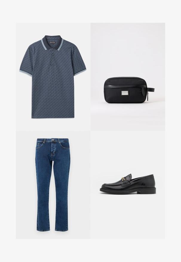 Marineblaue Polohemd mit geometrischem Muster. Verfügt über einen gerippten Kragen mit hellblauen Akzenten und einer Knopfleiste mit drei Knöpfen. Hergestellt aus weichem Stoff.; Dunkelblaue Jeans aus Denim mit geradem Bein, fünf Taschen und einem Metallknopf in der Taille. Glatte Textur mit minimalem Verblassen.; Schwarze Lederleter mit einer abgerundeten Zehenpartie, ausgestattet mit goldenen Hardwareakzenten und Stichdetails, auf einer niedrigen, strukturierten Gummisohle.; Schwarze, rechteckige Kulturtasche mit vorderer Reißverschlusstasche, seitlichem Griff und silbernem rechteckigem Markenlabel auf schlichtem hellem Hintergrund.