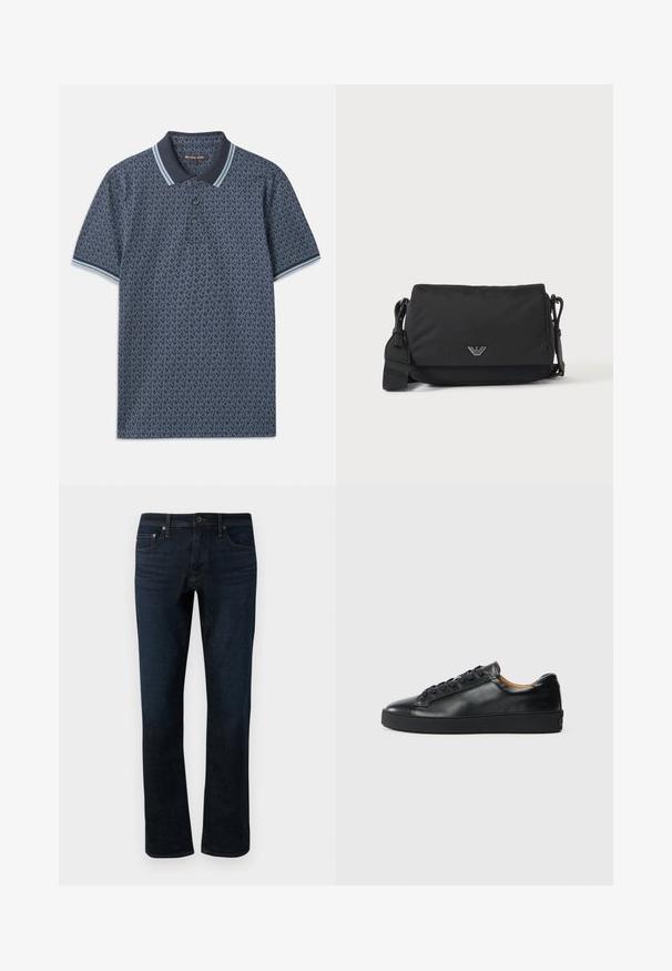 Camisa polo de color azul marino con un patrón geométrico. Presenta un cuello acanalado con acentos en azul claro y una tapeta de tres botones. Fabricada en una tela suave.; Jeans de mezclilla azul oscuro con corte recto, que presentan un diseño clásico de cinco bolsillos y detalles de costura sutiles.; Zapatilla negra de cuero con una textura suave, puntera redonda y cierre de cordones. Presenta una suela de goma gruesa y un detalle de marca mínimo.; Bolso bandolera negro con correa ajustable y pequeño emblema de logo plateado en la solapa frontal, mostrado sobre un fondo claro y liso.