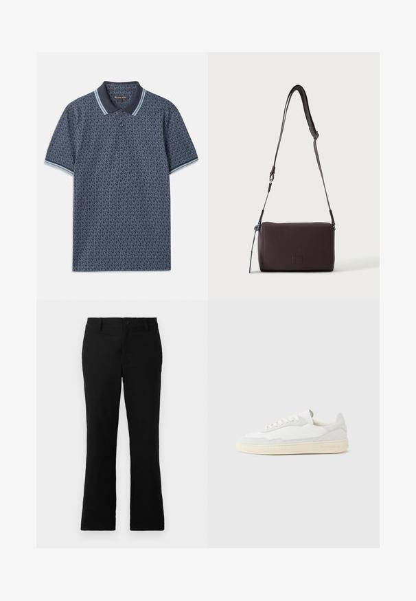 Donkerblauwe polo met een geometrisch patroon. Voorzien van een ribgebreide kraag met lichtblauwe accenten en een knoopsluiting met drie knopen. Gemaakt van zachte stof.; Zwarte uitlopende broek van een katoenmix, voorzien van een knoopsluiting, riemlussen en een gladde textuur zonder zichtbare patronen.; Witte sneaker met een bovenwerk van gestructureerd suède en leer. Voorzien van een afgeronde neus, vetersluiting en een contrasterende beige rubberen zool.; Donkerbruine gestructureerde leren crossbodytas met verstelbare riem en klein decoratief blauw accent aan de zijkant.