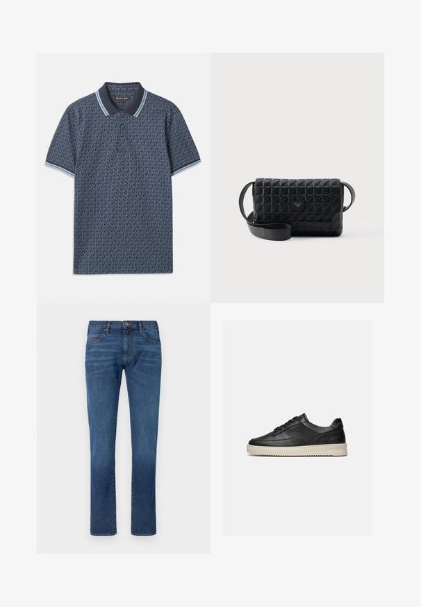 Donkerblauwe polo met een geometrisch patroon. Voorzien van een ribgebreide kraag met lichtblauwe accenten en een knoopsluiting met drie knopen. Gemaakt van zachte stof.; Blauwe spijkerbroek met rechtvallende pijpen, voorzien van een klassiek ontwerp met vijf zakken en een knoopsluiting. Subtiele vervaging over de stoftextuur.; Zwarte lage leren sneaker met zwarte veters en een dikke off-white rubberen zool, getoond op een witte achtergrond.; Zwarte crossbodytas met een gestructureerd oppervlak, een klepsluiting en een klein metalen logo aan de voorkant, afgebeeld tegen een effen achtergrond.