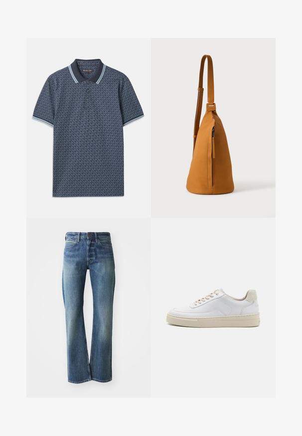 Marineblaue Polohemd mit geometrischem Muster. Verfügt über einen gerippten Kragen mit hellblauen Akzenten und einer Knopfleiste mit drei Knöpfen. Hergestellt aus weichem Stoff.; Jeans aus Denim in einem hellen bis mittleren Blauton, mit geradem Schnitt, klassischem Fünf-Taschen-Design und subtiler Ausbleichung auf der Vorderseite.; Weiße Sneaker mit einem glatten Lederobermaterial, beigen Schnürsenkeln und einer strukturierten, beigen Wildleder-Fersenschlaufe. Erhöhte Sohle für zusätzlichen Komfort.; Hellbraune Leder-Umhängetasche mit verstellbarem Trageriemen und vertikaler Reißverschlusstasche, von der Seite vor hellem, einfarbigem Hintergrund gezeigt.