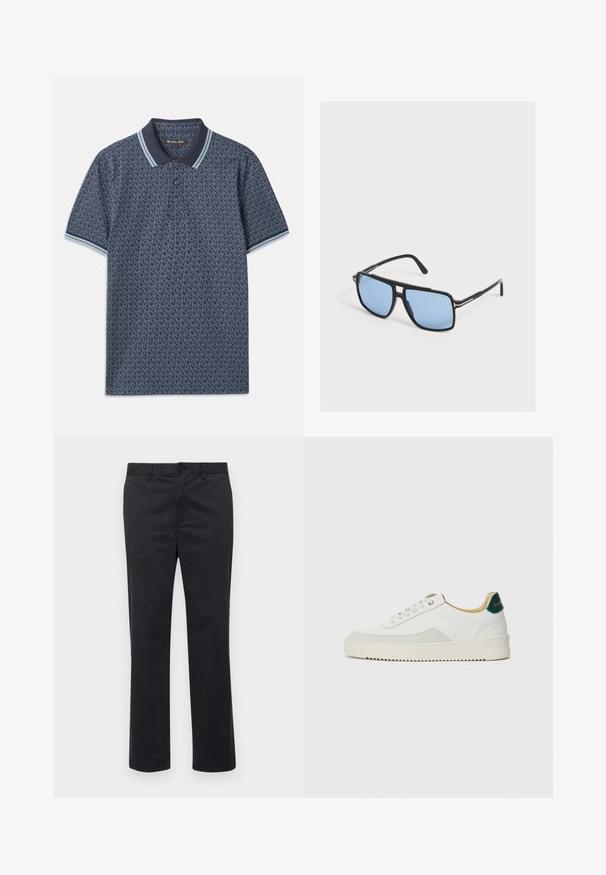 Donkerblauwe polo met een geometrisch patroon. Voorzien van een ribgebreide kraag met lichtblauwe accenten en een knoopsluiting met drie knopen. Gemaakt van zachte stof.; Zwarte katoenen broek met een recht pijpdesign, voorzien van een knoopsluiting en riemlussen. Soepele textuur, geen zichtbare patronen of accenten.; Witte sneaker met suède accenten, ronde neus, platte veters en een crème rubberen zool. Bevat groene branding op de hiel.; Zwarte zonnebril met rechthoekig montuur en lichtblauwe getinte glazen, liggend op een wit oppervlak.