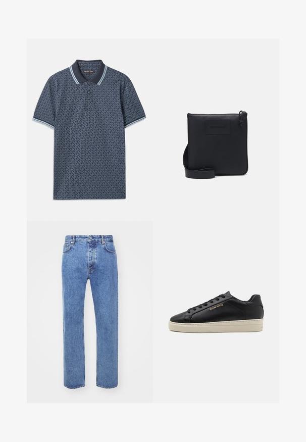 Donkerblauwe polo met een geometrisch patroon. Voorzien van een ribgebreide kraag met lichtblauwe accenten en een knoopsluiting met drie knopen. Gemaakt van zachte stof.; Won Hundred STEVE - Relaxed fit jeans - cut blue; Zwarte leren sneaker met een gladde afwerking, contrasterende crèmekleurige zool, ronde neus, gouden logo aan de zijkant en zes gaatjes voor veters.; Zwarte leren schoudertas met een gestructureerde afwerking, rechthoekige vorm, ritssluiting en verstelbare schouderband. Kenmerkt zich door een subtiele merklogo aan de voorkant.