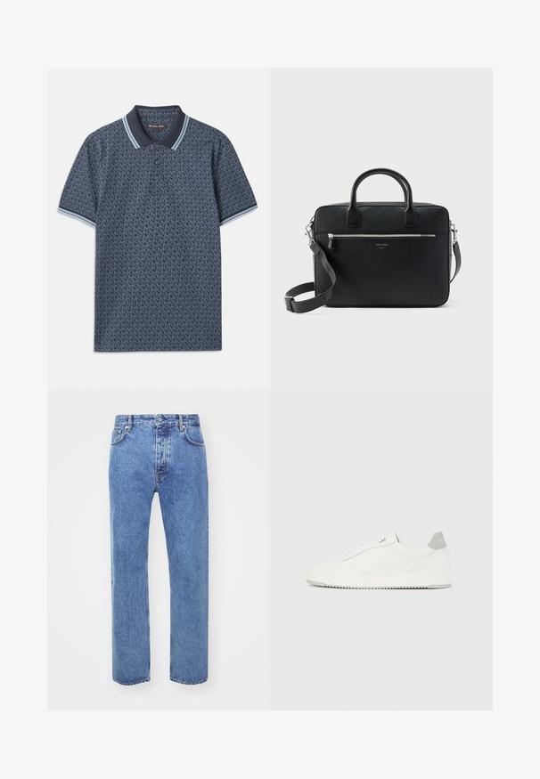 Marineblaue Polohemd mit geometrischem Muster. Verfügt über einen gerippten Kragen mit hellblauen Akzenten und einer Knopfleiste mit drei Knöpfen. Hergestellt aus weichem Stoff.; Won Hundred STEVE - Jeans Relaxed Fit - cut blue; Weißer Sneaker mit niedrigem Schaft, grauem Fersenlaschen, weißen Schnürsenkeln und einer strukturierten Sohle, dargestellt vor einem schlichten hellen Hintergrund.; Schwarze strukturierte rechteckige Lederaktentasche mit Doppelgriffen, vorderer Reißverschlusstasche und verstellbarem Schultergurt, auf weißem Hintergrund dargestellt.