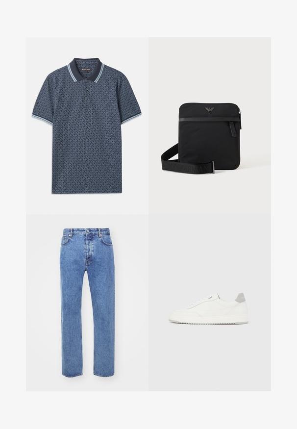 Mørkeblå polo t-shirt med et geometrisk mønster. Har en ribbet krave med lyseblå accenter og tre-knaps placket. Lavet af blødt stof.; Won Hundred STEVE - Jeans Relaxed Fit - cut blue; Hvid lavtop-sneaker med gråt hælflig, hvide snørebånd og tekstureret sål, vist på en ensfarvet lys baggrund.; Sort firkantet skuldertaske med lynlås, frontlomme og justerbar rem med præget brandnavn.