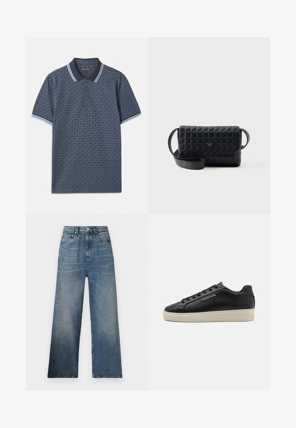Camisa polo de color azul marino con un patrón geométrico. Presenta un cuello acanalado con acentos en azul claro y una tapeta de tres botones. Fabricada en una tela suave.; Jeans de mezclilla azul de pierna ancha con cintura alta, que presentan un desgaste sutil, cinco bolsillos y un cierre de botón metálico en la parte delantera.; Zapatilla de cuero negra con un acabado suave, suela crema en contraste, puntera redonda, logo dorado en el lateral y seis ojales para los cordones.; Bolso bandolera negro con textura, cierre de solapa y un pequeño logo metálico en el frente, mostrado sobre un fondo liso.