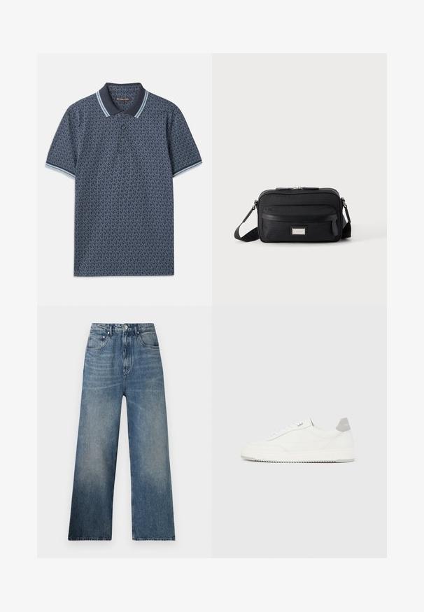 Marineblaue Polohemd mit geometrischem Muster. Verfügt über einen gerippten Kragen mit hellblauen Akzenten und einer Knopfleiste mit drei Knöpfen. Hergestellt aus weichem Stoff.; Blaue Denim-Hosen mit weitem Bein und hohem Bund, mit subtilen Verfärbungen, fünf Taschen und einem Metallknopfverschluss vorne.; Weißer Sneaker mit niedrigem Schaft, grauem Fersenlaschen, weißen Schnürsenkeln und einer strukturierten Sohle, dargestellt vor einem schlichten hellen Hintergrund.; Schwarze rechteckige Umhängetasche mit vorderer Reißverschlusstasche, verstellbarem Riemen und silberner rechteckiger Logo-Plakette auf einfarbigem Hintergrund.