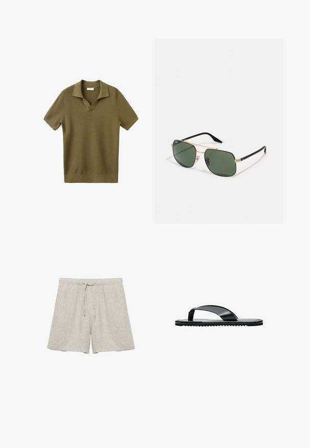 Polo tricoté à manches courtes de couleur vert olive avec tissu texturé, col ouvert et ourlet et poignets côtelés, étalé à plat sur un fond blanc.; Shorts en lin beige clair avec taille élastique et cordon de serrage, coupe droite, sans marque visible ni motifs.; Sandale tongs plates noires avec une large bride d’orteil et une semelle texturée, vue de profil sur fond blanc.; Lunettes de soleil en métal doré avec des lentilles vertes, de forme rectangulaire, branches en plastique noir et un design bicolore. Comprend des plaquettes de nez pour le confort.