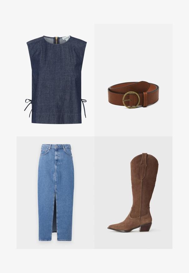 Dunkelblaue Jeansoberteil mit hohem Kragen, kurzen Ärmeln und seitlichen Bindebändern. Verfügt über einen goldfarbenen Reißverschluss hinten und hat eine glatte Textur.; Hellblaues Denim-Midi-Rock mit einem vorderen Schlitz, klassischem Fünf-Taschen-Design und einem oberen Knopfverschluss. Der Stoff hat eine leichte Textur.; Braune Wildleder-Cowboy-Stiefel mit spitz zulaufender Zehenpartie, mittelhohem Schaft, dekorativer Stickerei entlang der Seiten und einem gestapelten Holzabsatz.; Brauner Leder-Gürtel mit einer runden Messingschnalle, der eine glatte Textur und kontrastierende Nähte entlang der Kanten aufweist.