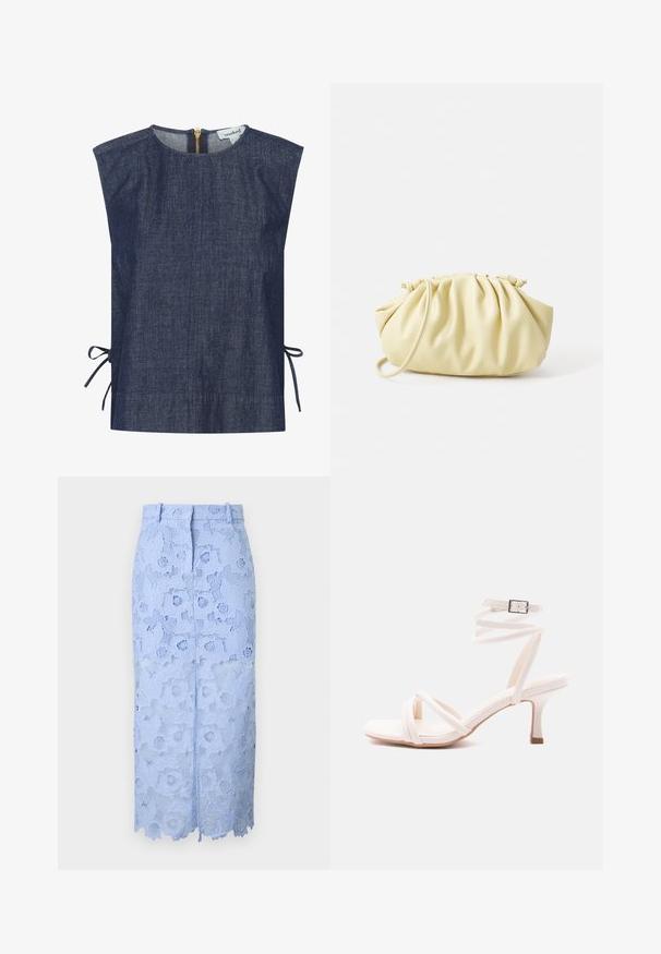 Donkerblauwe denim top met een hoge halslijn, korte mouwen en zijstrikjes. Voorzien van een gouden ritsluiting aan de achterkant en een gladde textuur.; Lichtblauwe midi-rok van kant met bloemmotief, een hoge taille, riemlussen en een split aan de voorkant.; Witte sandaal met hak, voorzien van een voorzijde met bandjes, een enkelriempje met gesp en een smalle hak van gemiddelde hoogte, afgebeeld op een effen achtergrond.; Geel geplooide handtas van soepel nepleer, met een zachte vorm, een enkele schouderriem en een verzameld ontwerp aan de bovenkant.