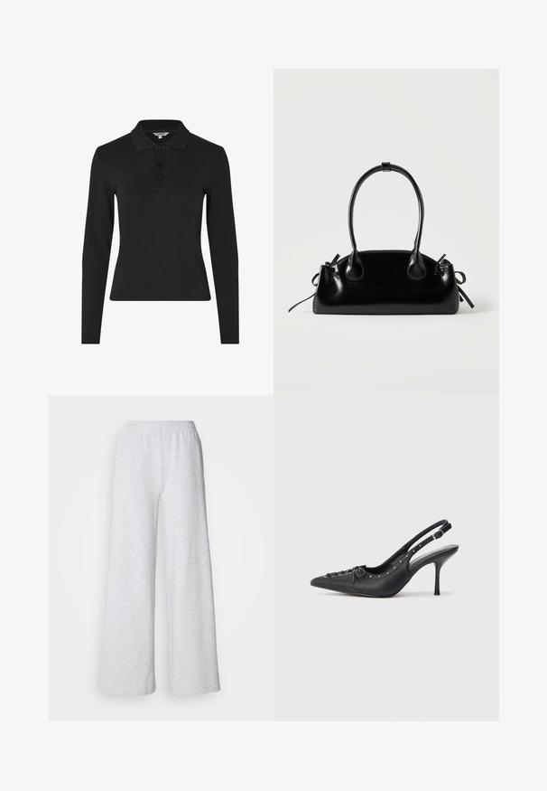 Camisa polo negra de manga larga hecha de tela acanalada, con un cuello clásico y una tapeta de tres botones en la parte frontal.; Pantalones de pierna ancha en gris claro con cinturilla elástica, fabricados en una tela suave con una sutil textura y sin patrones o acentos visibles.; Sandal de tacón stiletto negro de cuero con punta afilada, correa lateral con hebilla, tachuelas a lo largo del borde y cordones decorativos en la parte delantera.; Pequeño bolso negro brillante con dos asas largas y detalles de cordón lateral sobre un fondo claro liso.