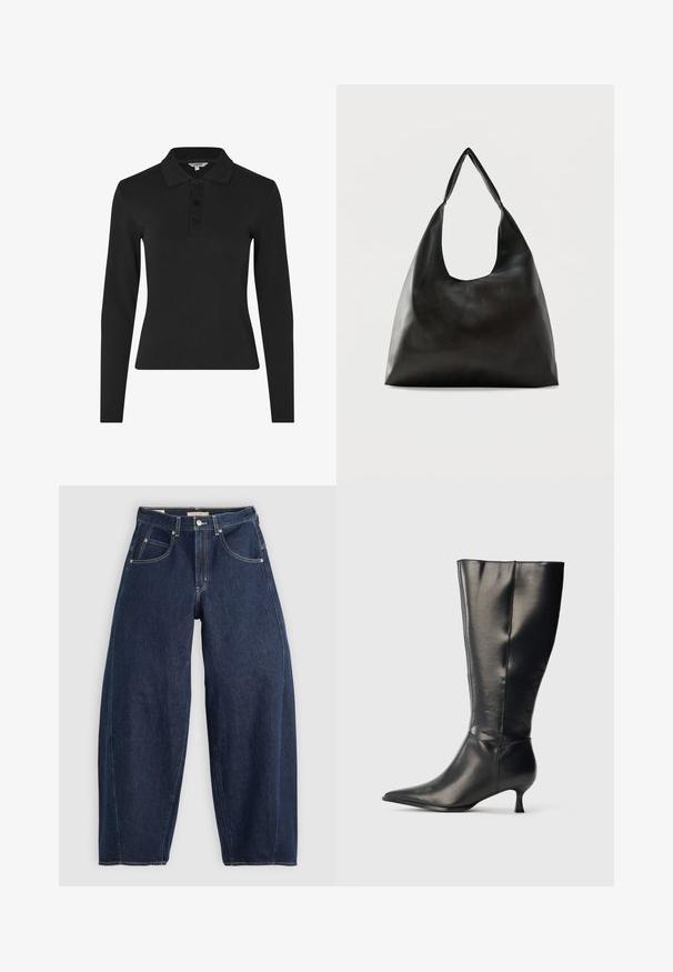 Polo à manches longues noir en tissu côtelé, avec un col classique et une patte de boutonnage à trois boutons à l'avant.; Jean en denim bleu foncé, à coupe ample, avec des coutures claires, cinq poches et un bouton de fermeture à la taille.; Botte en cuir noire montant jusqu'au genou, avec un bout pointu et un petit talon bas, présentée sur un fond clair uni.; Sac bandoulière en cuir noir lisse avec une large sangle unique et un design décontracté et minimaliste sur un fond uni.
