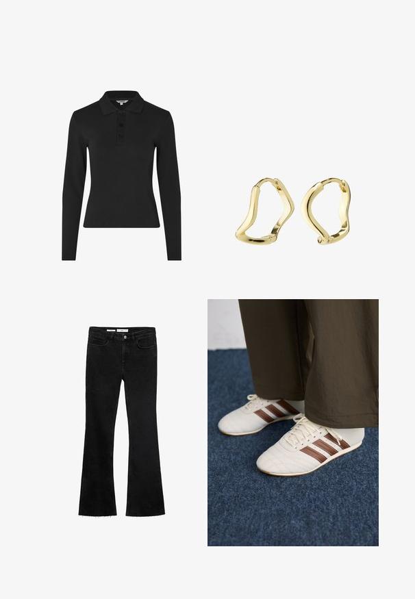 Langærmet sort polo shirt lavet af ribbet stof, med en klassisk krave og en tre-knaps placket foran.; Sorte flared jeans i et blødt stof med en rå kant, der har to frontlommer og en knappelukning med lynlås.; Hvide sneakers med brune striber, iført brune bukser på et blåt tæppe.; Guld hoops øreringe med et flydende, bølge-lignende design. Glat tekstur, åben form og ingen synlige lukninger. Minimalistisk og moderne udseende.