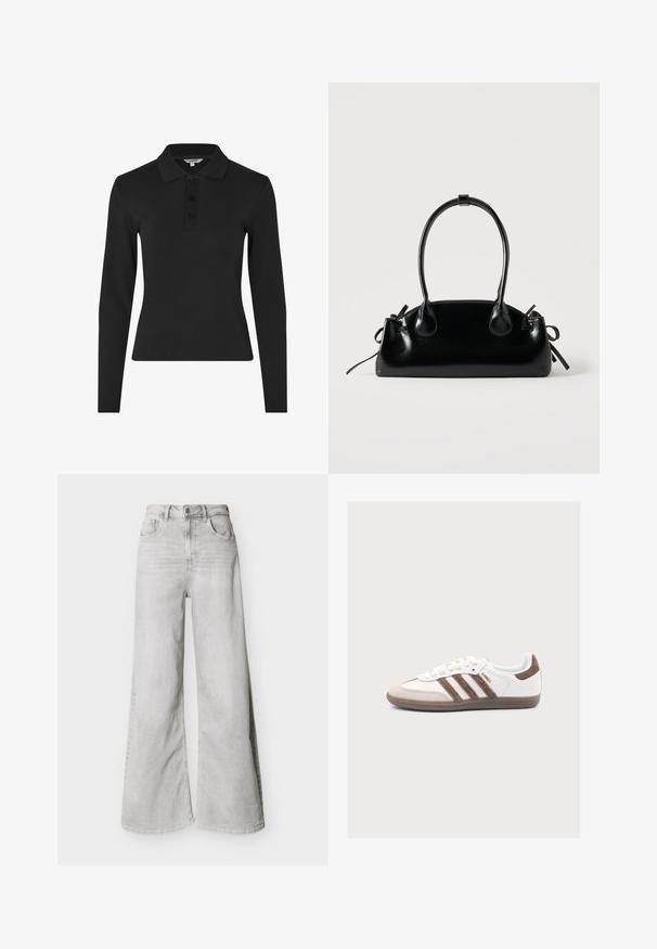 Polo à manches longues noir en tissu côtelé, avec un col classique et une patte de boutonnage à trois boutons à l'avant.; Jeans larges gris clair en jean, avec une taille haute, des poches avant et une fermeture à boutons. Texture lisse avec un léger aspect délavé.; Baskets blanches Adidas Samba avec des bandes en daim marron, un bout en daim marron et une semelle en gomme sur fond gris clair.; Petit sac à main noir brillant avec deux longues anses et des détails à cordon sur les côtés sur un fond clair uni.