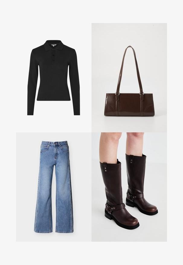 Camisa polo negra de manga larga hecha de tela acanalada, con un cuello clásico y una tapeta de tres botones en la parte frontal.; Pantalones vaqueros de pierna ancha en azul, confeccionados en mezclilla, con cintura alta, costuras en contraste y una textura sutilmente desgastada.; Botas de cuero marrón hasta la rodilla con una textura suave, que cuentan con una correa ancha y detalles de hardware triangulares, suelas de goma planas.; Bolso de mano de piel sintética marrón con forma rectangular, dos asas largas y sutiles acentos curvados en la parte delantera.