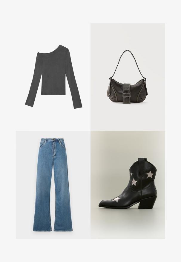 Γκρι, μακρυμάνικο μπλουζάκι με σχέδιο off-shoulder. Φτιαγμένο από μαλακό ύφασμα με λεία υφή και ευθύ τελείωμα.; Ανοιχτό μπλε τζιν παντελόνι σε φαρδύ σχέδιο με ψηλή μέση, διαθέτοντας μπροστινές τσέπες και φερμουάρ, εμφανίζεται σε λευκό φόντο.; Μαύρο δερμάτινο μποτάκι μοτίβο καουμπόικου με μεσαίο ύψος γωνιακό τακούνι και λευκές αστερόμορφες περικοπές στα πλευρά και στο μπροστινό μέρος.; Μαύρη δερμάτινη τσάντα ώμου με λεπτομέρεια ιμάντα με πόρπη, καμπυλωτές άκρες και αντίθετη λευκή ραφή σε απλό φόντο.