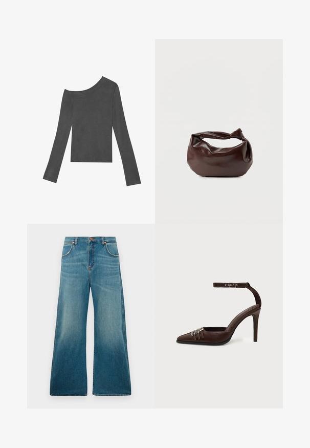 Haut gris à manches longues avec un design dénudé sur les épaules. Fabriqué en tissu doux avec une texture lisse et un ourlet droit.; Jeans en denim bleu taille haute avec jambes larges, poches avant, fermeture à bouton et dégradé de couleur usé allant de la taille à l'ourlet.; Chaussure à talon haut en cuir marron avec bout pointu, trois petites boucles argentées sur le devant et bride de cheville réglable avec boucle.; Sac bandoulière en cuir marron foncé avec une forme souple et décontractée et une anse nouée torsadée sur un fond blanc uni.