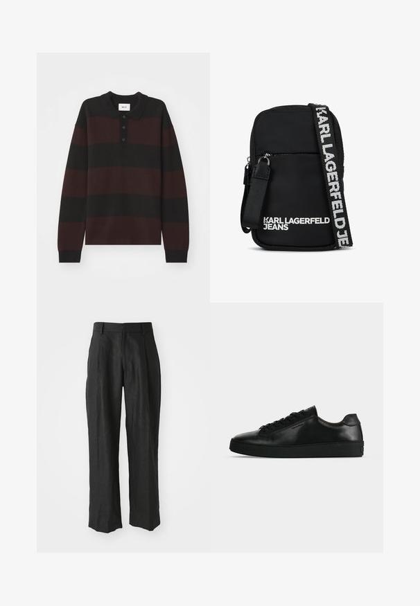 NN.07 RUGBY - Longsleeve - black; Zwarte linnen broek met een recht model, voorzien van opvallende plooien aan de voorkant en een gladde, textuurafwerking.; Zwarte lage leren sneaker met zwarte veters en een dikke zwarte zool, getoond van opzij tegen een lichtgrijze achtergrond.; Zwarte stoffen schoudertas met een rechthoekige vorm, voorzien van een ritsvak aan de voorkant en een contrasterende logo-riem in het wit.