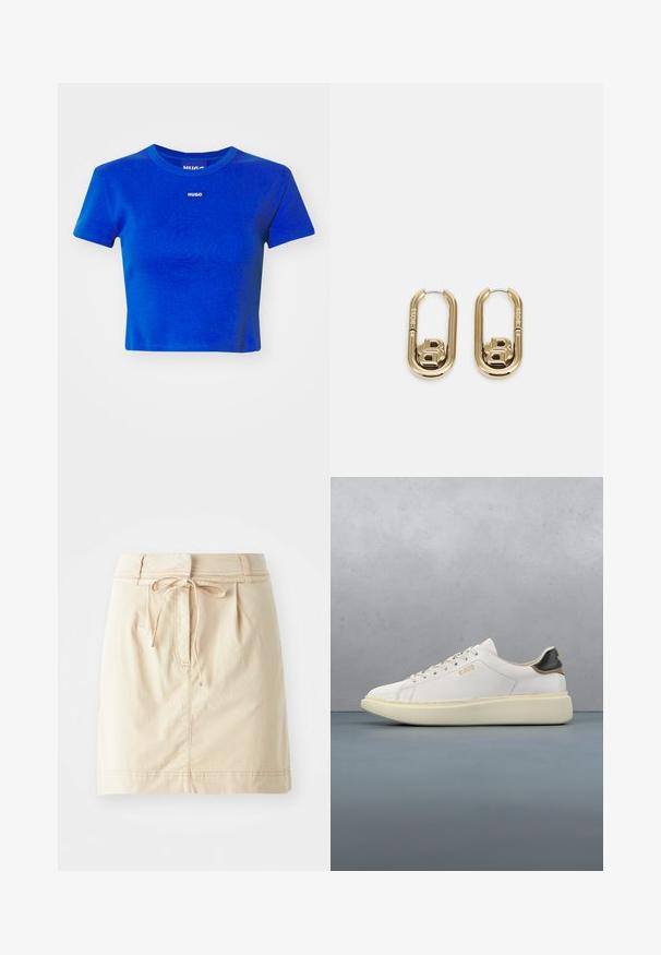 Blå cropped t-shirt lavet af ribbet bomuld. Har en rund halsudskæring og et lille hvidt logo-label på brystet. Korte ærmer.; Khaki nederdel lavet af letvægtsstof med en tætsiddende talje, snor detaljer, læg og diskret syninger. Glat tekstur.; Hvide sneakers med en glat læderoverdel, har en tan- og sort læderhælbrik, runde snørebånd og en kraftig beige gummisål. Guld logo detaljer.; BOSS DOUBLE B SWING - Øreringe - gold-coloured