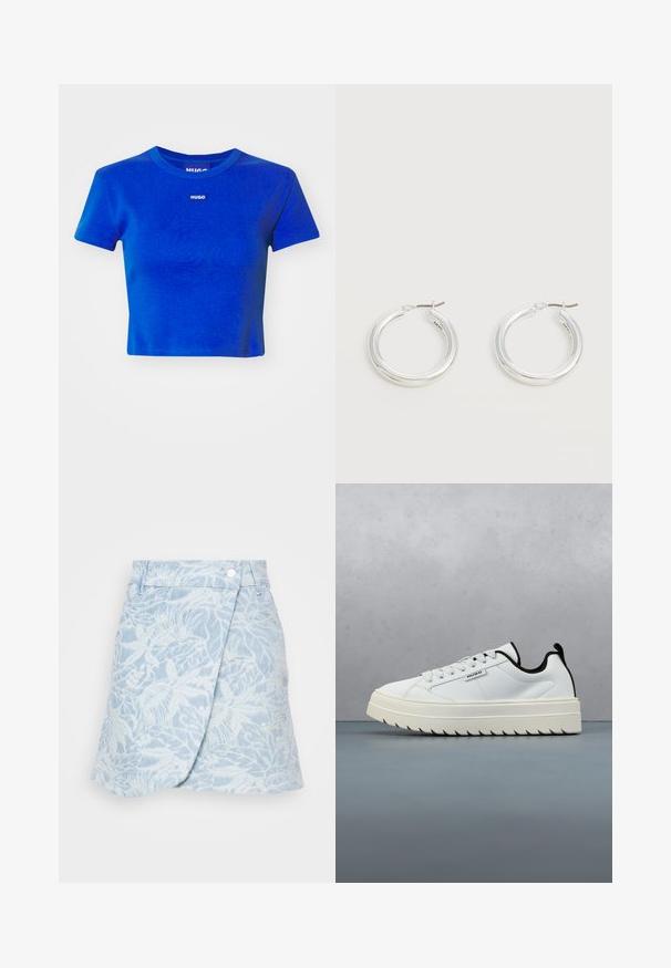 Camiseta corta azul hecha de algodón acanalado. Presenta un escote redondo y una pequeña etiqueta de logotipo blanco en el pecho. Mangas cortas.; BOSS SKIRT MINI - Falda acampanada - medium blue; Zapatilla de cuero blanca con una suela gruesa y texturizada de diseño serrado. Los acentos negros en el talón y la lengüeta añaden contraste.; Par de pendientes de aro plateados brillantes de tamaño mediano con cierres metálicos finos sobre un fondo neutro claro.