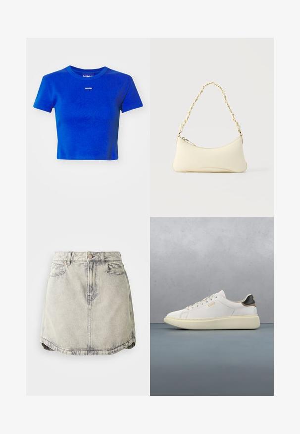 Camiseta corta azul hecha de algodón acanalado. Presenta un escote redondo y una pequeña etiqueta de logotipo blanco en el pecho. Mangas cortas.; Falda de denim en gris claro con textura desgastada, que cuenta con una cinturilla abotonada, bolsillos frontales y un dobladillo ligeramente curvado.; Zapatilla blanca con parte superior de cuero suave, presenta un talón de cuero en tonos marrón y negro, cordones redondos y una suela de goma beige gruesa. Detalle del logo en dorado.; Bolso pequeño de color crema con forma curva y asa de cadena trenzada en tono dorado, cierre con cremallera en la parte superior