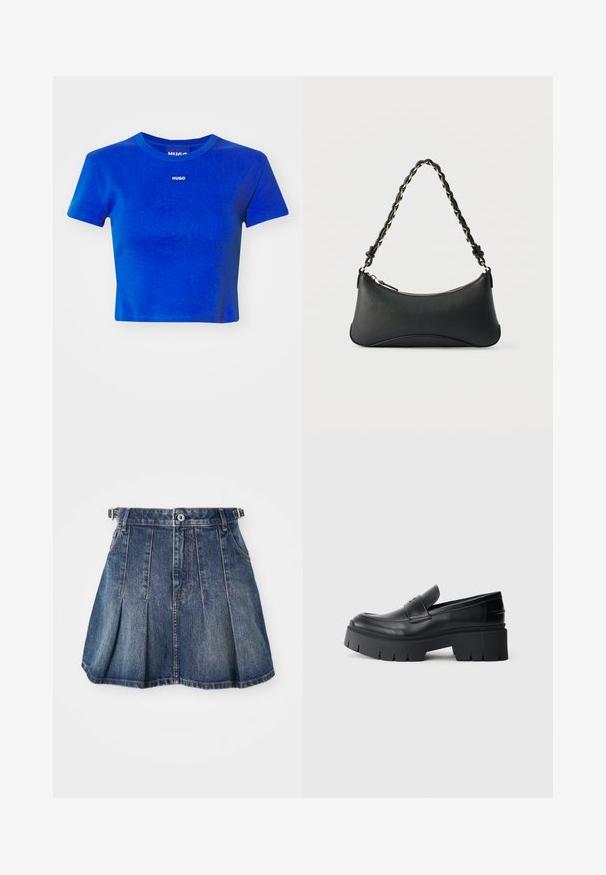 Blå cropped t-shirt lavet af ribbet bomuld. Har en rund halsudskæring og et lille hvidt logo-label på brystet. Korte ærmer.; Denim midi-nederdel med en mørkeblå vask, plisseret design, knaplukning og bæltestropper. Har diskrete syninger som accent og sidelommer.; Sort klodset platform loafers med glat læderoverdel, dekorativ rem og tyk struktureret sål på hvid baggrund.; Sort skuldertaske i læder med en buet rektangulær form, gyldent kæde vævet ind i en flettet sort rem og toplynlås.