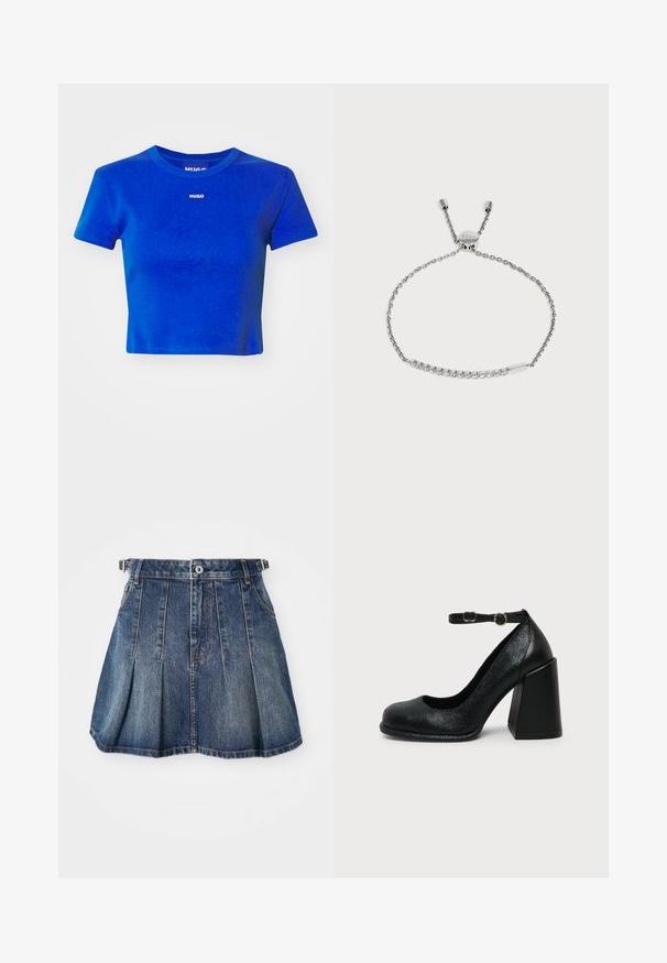 Camiseta corta azul hecha de algodón acanalado. Presenta un escote redondo y una pequeña etiqueta de logotipo blanco en el pecho. Mangas cortas.; Falda de mezclilla con un lavado azul oscuro, diseño plisado, cierre de botones y pasadores para cinturón. Cuenta con sutiles acentos de costura y bolsillos laterales.; Zapato negro de cuero con tacón alto, punta redondeada y correa ajustable en el tobillo con hebilla dorada sobre fondo liso claro.; Pulsera de cadena de plata ajustable con una fila de pequeños cristales redondos y un cierre deslizante grabado con el nombre de la marca.
