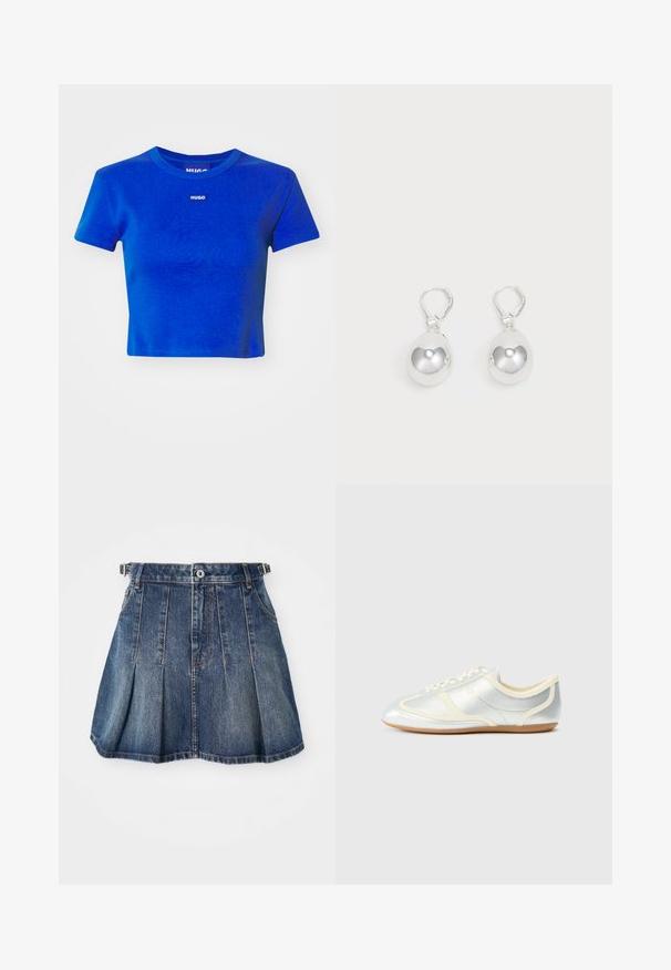 Camiseta corta azul hecha de algodón acanalado. Presenta un escote redondo y una pequeña etiqueta de logotipo blanco en el pecho. Mangas cortas.; Falda de mezclilla con un lavado azul oscuro, diseño plisado, cierre de botones y pasadores para cinturón. Cuenta con sutiles acentos de costura y bolsillos laterales.; Zapatillas sintéticas plateadas con detalles en crema, perfil bajo, puntera redonda y suela de goma plana; cuentan con costuras clásicas y cierre de cordones.; Pendientes de plata en forma de gota con superficies redondas y reflectantes colgando de cierres de palanca. El fondo es blanco liso.