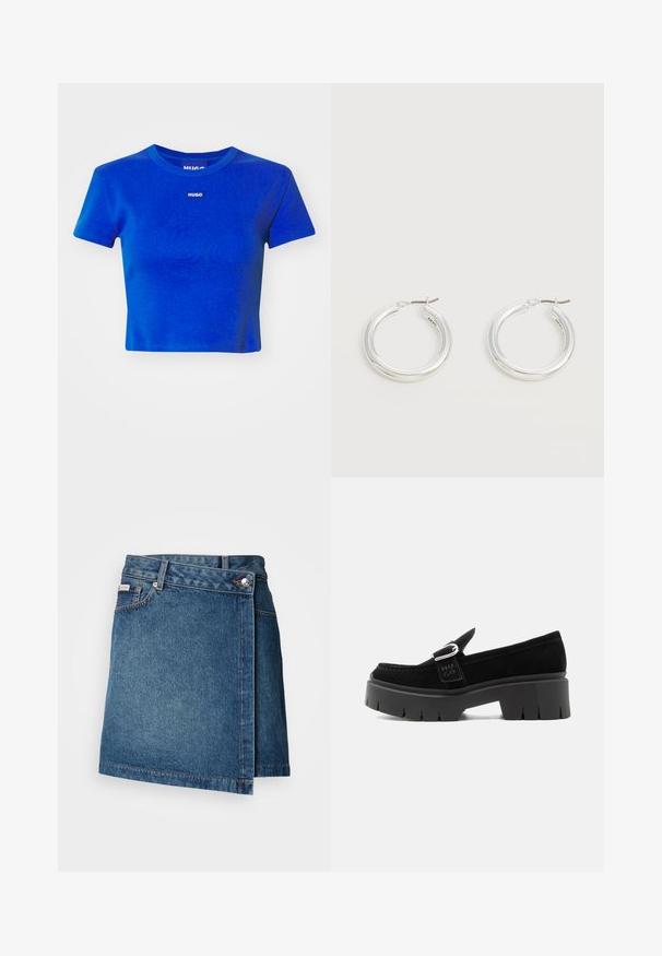 Camiseta corta azul hecha de algodón acanalado. Presenta un escote redondo y una pequeña etiqueta de logotipo blanco en el pecho. Mangas cortas.; Falda de mezclilla en azul medio con diseño envolvente, que cuenta con un cierre de botón y cremallera, y costuras visibles a lo largo del dobladillo.; Mocasín de ante negro con suela gruesa de tacos, detalle de hebilla plateada y "HUGO" en relieve en la correa lateral, mostrado desde el lado exterior.; Par de pendientes de aro plateados brillantes de tamaño mediano con cierres metálicos finos sobre un fondo neutro claro.