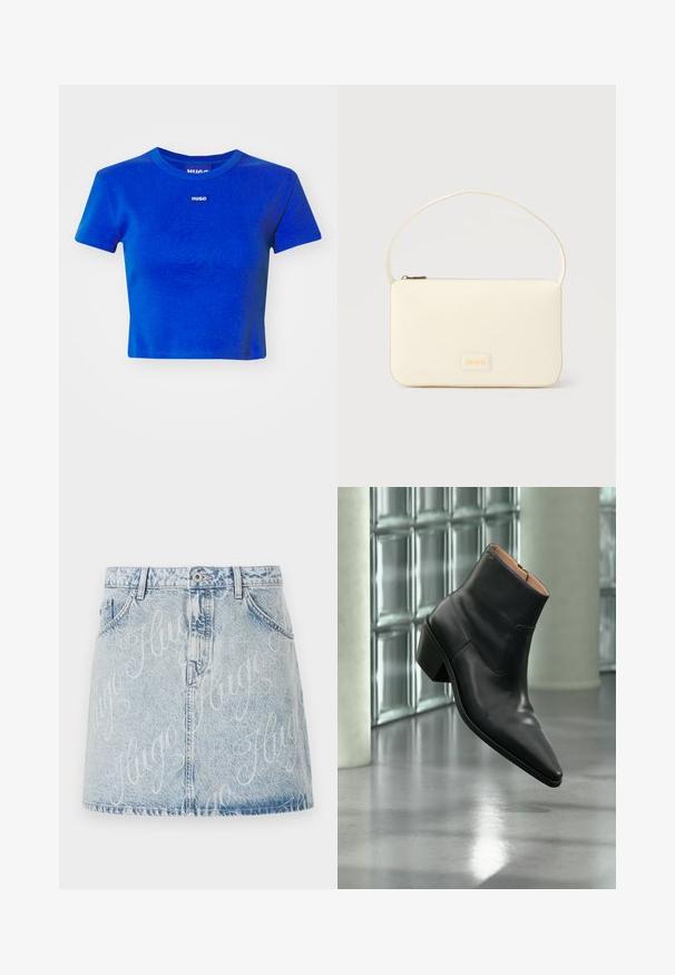 Blå cropped t-shirt lavet af ribbet bomuld. Har en rund halsudskæring og et lille hvidt logo-label på brystet. Korte ærmer.; Lysblå denimnederdel med falmet vask, med frontknaplukning og logo-mønster med "Hugo" over det hele. Fem-lomme stil.; Sort læderankelstøvle med spids tå og blokhæl, der svæver over en reflekterende grå gulv nær en væg af glasblokke.; Kremfarvet rektangulær håndtaske med en enkelt rem og lynlås øverst, med en lille præget logo-plakette foran.