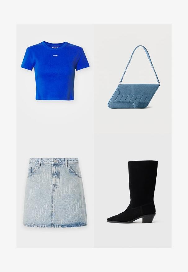 Blå cropped t-shirt lavet af ribbet bomuld. Har en rund halsudskæring og et lille hvidt logo-label på brystet. Korte ærmer.; Lysblå denimnederdel med falmet vask, med frontknaplukning og logo-mønster med "Hugo" over det hele. Fem-lomme stil.; Sort ruskind ankelstøvle med spidse tæer, mellemhøj skaft og en chunky hæl. Fuldender et minimalistisk design med lidt syninger og en glat tekstur.; Blå denim skuldertaske med en skrå flap og præget "hugo" logo, med matchende denim rem.