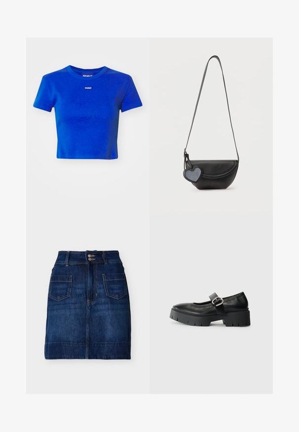 Blå cropped t-shirt lavet af ribbet bomuld. Har en rund halsudskæring og et lille hvidt logo-label på brystet. Korte ærmer.; Mørkeblå denimnederdel med forlommer, dobbel knaplukning, bæltestropper og synlige sømme, lagt fladt på en hvid baggrund.; Sorte læder Mary Jane sko med en chunky platform sål, rund tå og sidelukning. Glat tekstur med minimal syning.; Sort skuldertaske i læder med rundet klap og et hængende hjerteformet vedhæng på en ensartet lys baggrund.