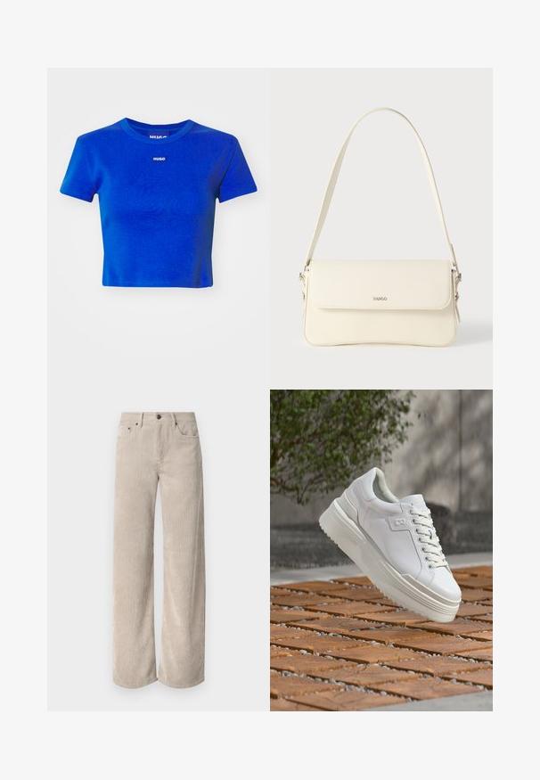 Blå cropped t-shirt lavet af ribbet bomuld. Har en rund halsudskæring og et lille hvidt logo-label på brystet. Korte ærmer.; Beige corduroy bukser med vidde og lodrette striber, der har knaplukning og frontlommer. Blødt, tekstureret stof med en afslappet pasform.; Hvid platform-sneaker med snørebånd, der svæver over en trægulvflise, med grønne planter og en betonvæg i baggrunden.; Cremefarvet læder skuldertaske med flaplukning, sølvfarvet beslag, en enkelt justerbar rem og diskrete logodetaljer.
