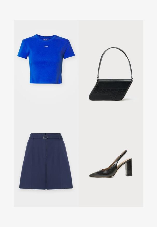 Blå cropped t-shirt lavet af ribbet bomuld. Har en rund halsudskæring og et lille hvidt logo-label på brystet. Korte ærmer.; Marineblå skræddersyede shorts med bælte, der har bæltestropper, plissédetaljer og en glat stofstruktur. Standard lige pasform.; Sort læder peep-toe slingback sko med høj blokhæl og beige indvendig foring mod en ensfarvet lys baggrund.; Sort skuldertaske i læder med trekantet form, præget logo og en enkelt justerbar rem. Minimalistisk design med glat tekstur.